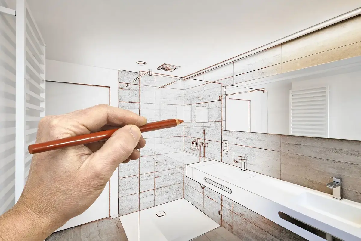 Hand zeichnet Badplanung über einem Foto einer Badewanne